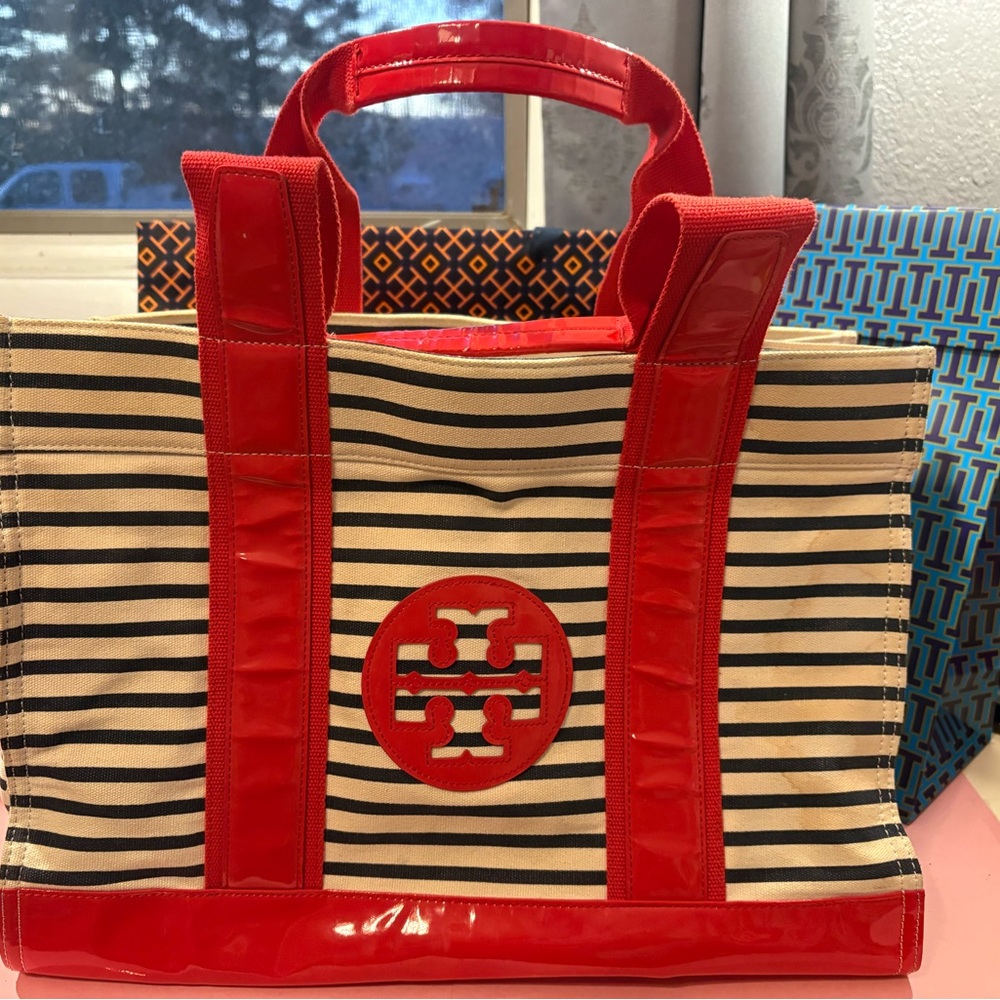 Tory Burch Red and Tan Striped Tote